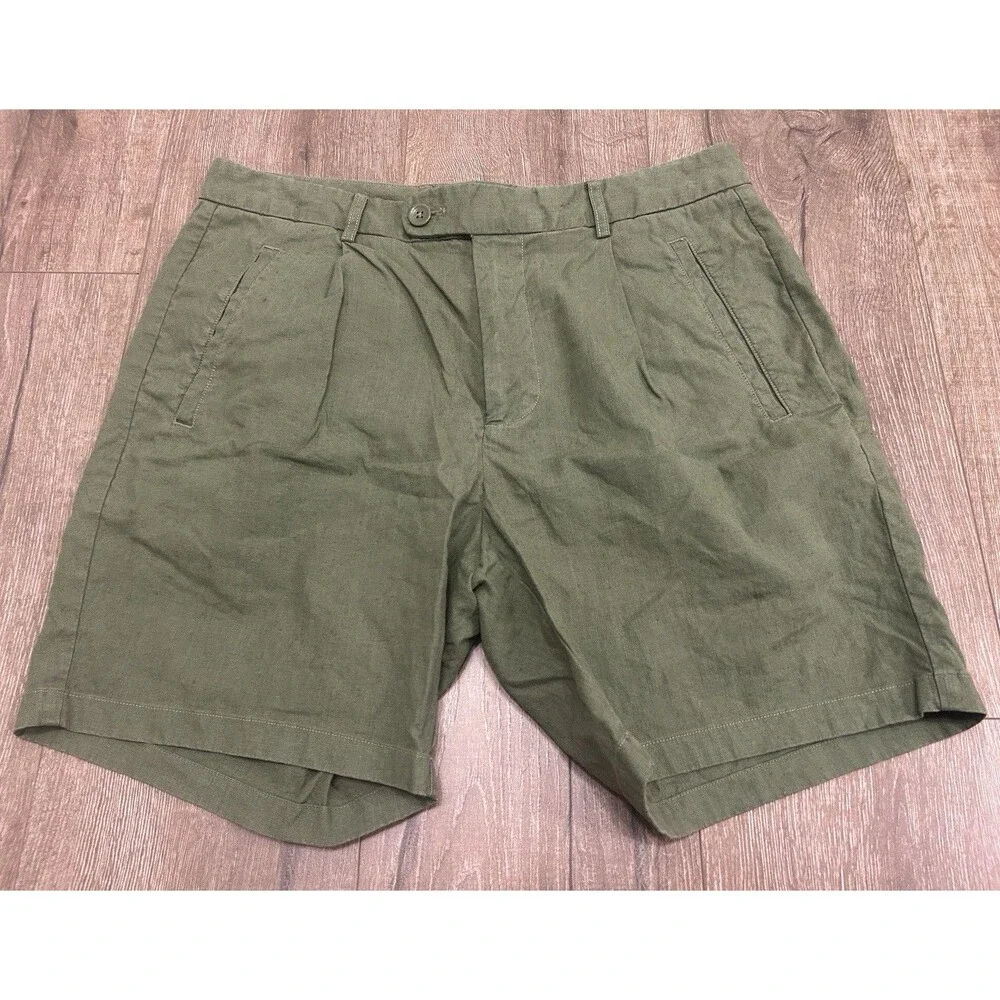 Bonobos Shorts Mens 32 Green Linen Blend Pleated 6.5”